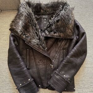 Vintage - Guess black and grey mid waist shearling coat.
